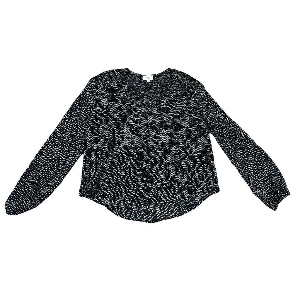 Anthropologie Everly Smocked shoulder black/tan dot v-neck l/sleeve blouse Small